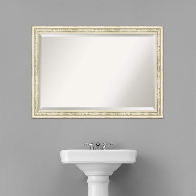 Amanti Art White Bathroom Mirror for Over Sink, 29x41 Country White Wash Rectangle Vanity Mirror, Large Rustic Farmhouse Wood Frame, Hangs Horizonally and Vertically, Bathroom Wall Decor, Beveled Edge