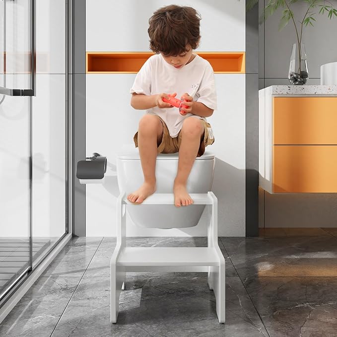 Wooden Step Stool,Two Stepping Stool for Kids/Adults,Supports 300 lbs Toddler Foot Stool,Toilet/Kitchen/Bed Step Stool,White 1 Pack