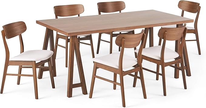 Christopher Knight Home Anthony Mid-Century Modern 7 Piece Dining Set, Light Beige and Walnut