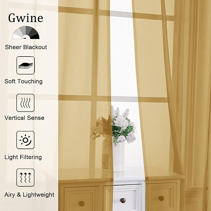Gwine Gold Sheer Curtains for Bedroom 54 inches Long 2 Panels, Light Filtering - Image 2