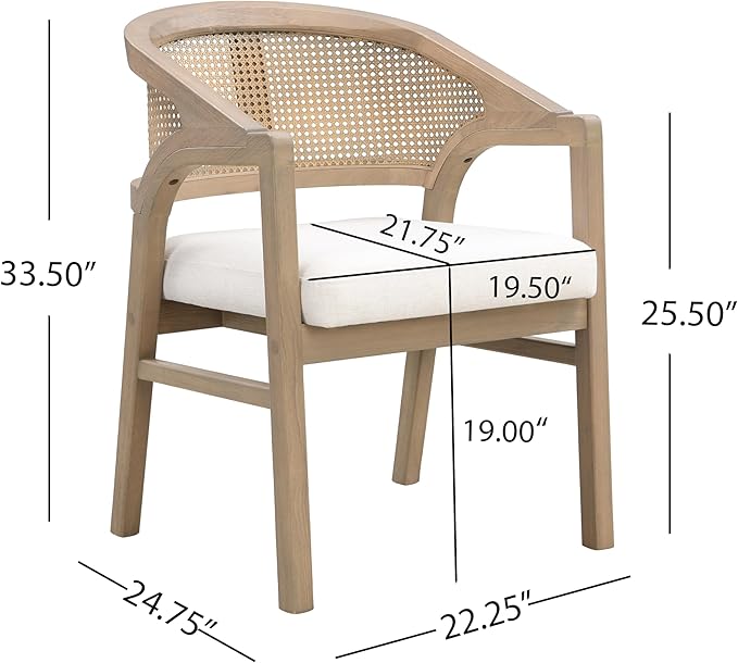 Christopher Knight Home Faritel Modern Wooden Dining Chairs Set of 2, Fabric Upholstered Kitchen Side Armchairs, Living Room Comfy Reading Chair with Curved Rattan Back, Light Ash+Beige