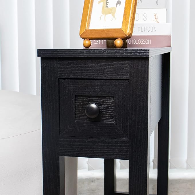 Narrow End Table, Black Couch Table with Drawer, Slim Bed Side Table for Small Space/Night Stand Set of 2, Side Table for Couch