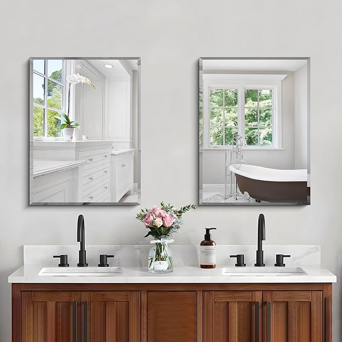18x24 Beveled Mirror, Frameless Beveled Bathroom Mirrors for Wall, Upgraded Shatterproof Rectangle Vanity Mirror with Beveled Edge for Bathroom, Bedroom, Living Room and Entryway