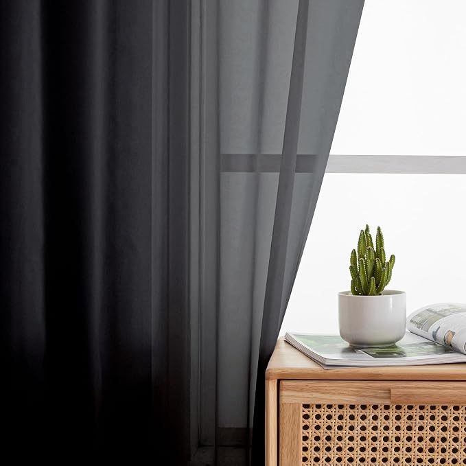 Simplebrand Black Sheer Curtains 108 Inches Long, Extra Long Rod Pocket Solid - Image 3