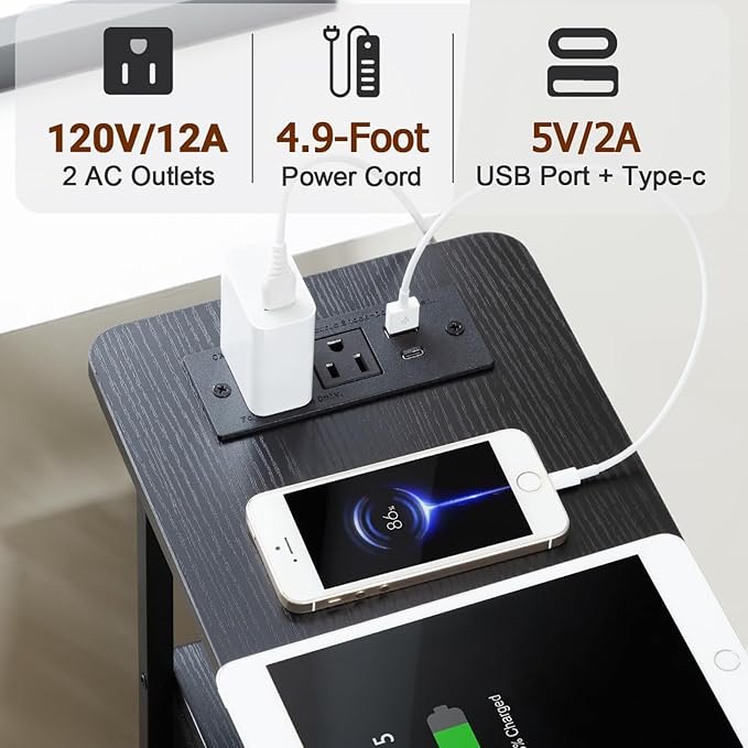 Narrow End Tables Living Room Set of 2 with Charging Station, Skinny Side Table with Fabric Drawers, Slim LED Nightstand for Bedroom, Small Spaces, Couch, Black, HETNDP03LBK