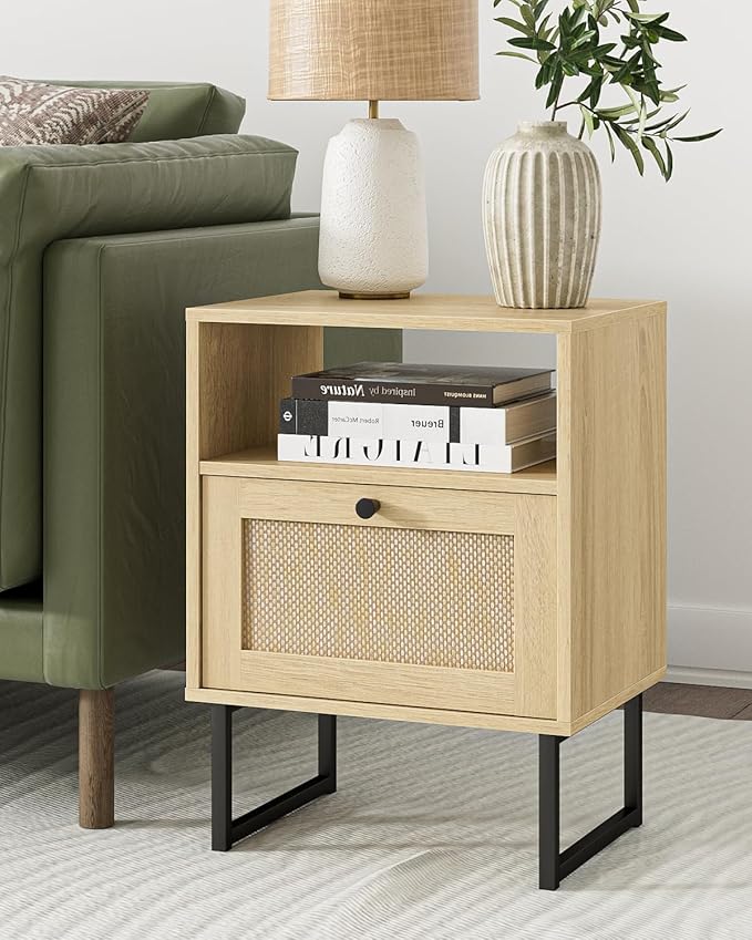 Masupu Rattan Nightstand,Modern Boho Farmhouse Wood Bedside Table with Storage Drawer and Open Shelf,Small Black Frame Side End Table for Bedroom,Living Room,Office (Natural)