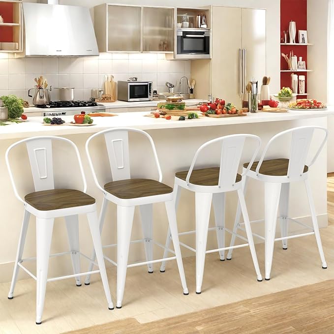 Metal Bar Stools Set of 4, High Back Bar Stools with Wooden Seat, 26 inch White Barstools for Kitchen Island