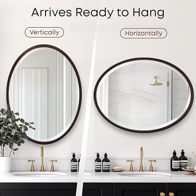 OVALCREST - Oval Wooden Beveled Wall Mirror for Home Decor, Bathroom, Vanity, Bedroom, Living Room, Hallway - London Style (Rubbed Bronze) 23.1 x 29.1