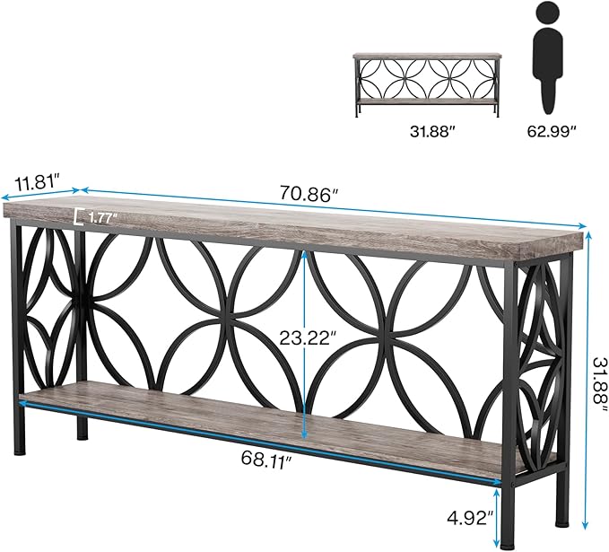 LITTLE TREE Sofa Table, 70.9 Inch Industrial Behind Couch Table with Storage Shelves, Narrow Long Console Table for Entryway, Living Room, Foyer, Hallway, Office