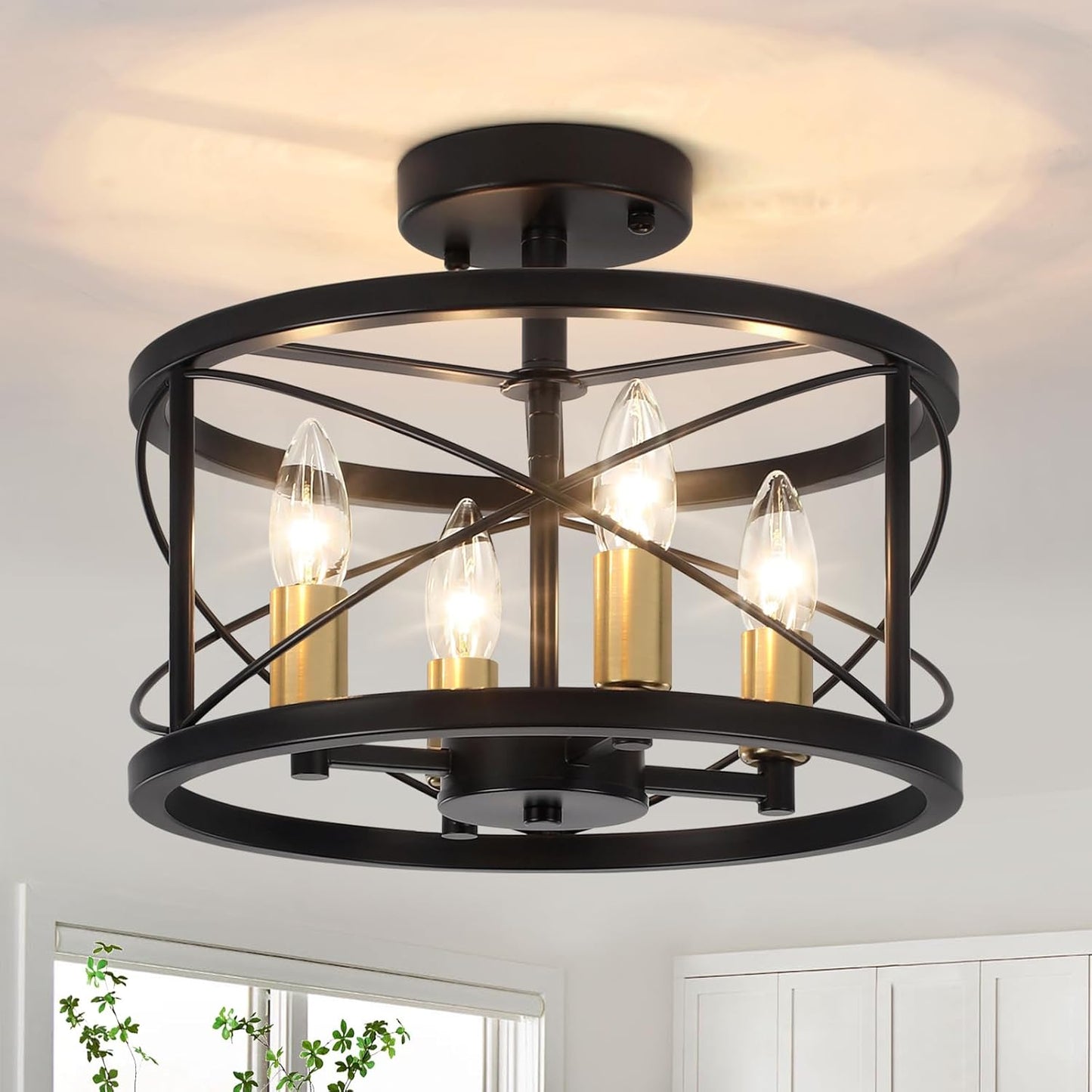 Black and Brushed Gold Semi Flush Mount Ceiling Light, Farmhouse Modern Light Fixture, Hallway Light Fixtures, 4-Light Ceiling Lamp for Kitchen, Entryway, Laundry Room, Bedroom Lighting, UL Listed