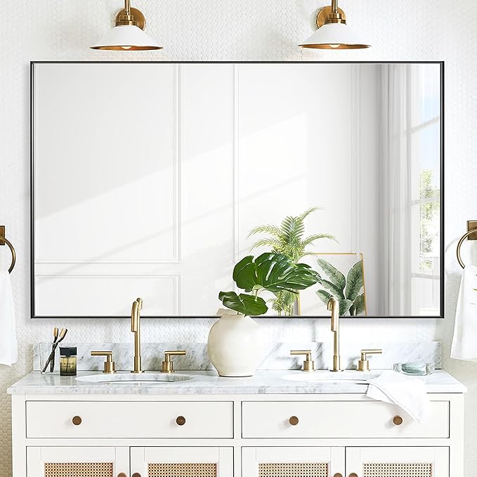 30x48 Inch Black Bathroom Mirror for Wall, Aluminum Frame Rectangle Rectangular Vanity Mirror, Modern Large for Bedroom, Living Room, Horizontal or Vertical