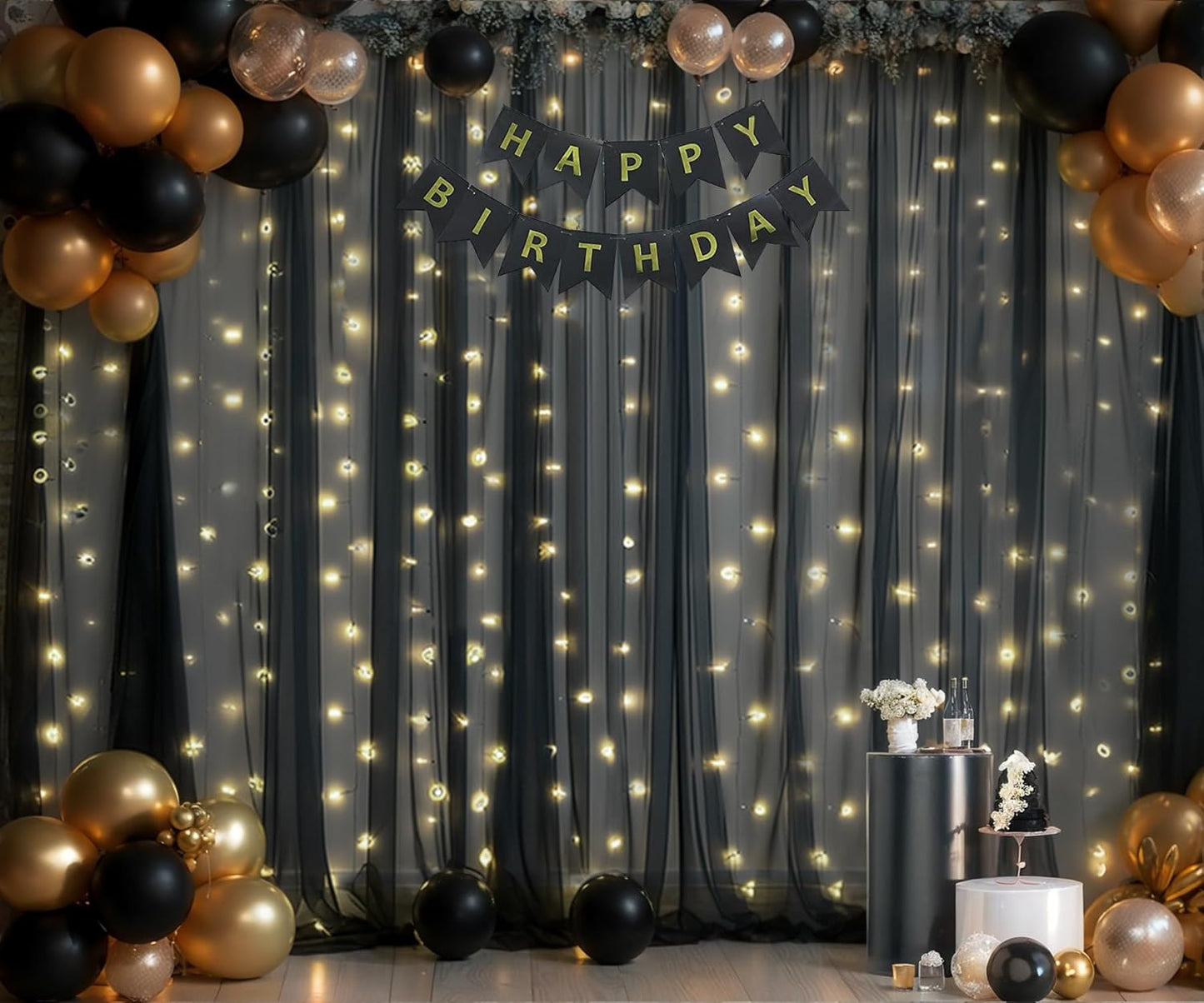 Black Tulle Backdrop Curtain with Lights String for Parites 20ft×10ft Black Sheer Backdrop Curtains for Baby Shower Wedding Bridal Shower Birthday Party Photo Shoot Decorations(4 Panels 5×10ft)