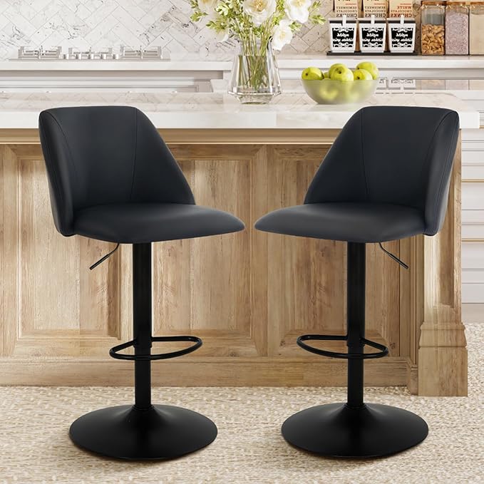 COLAMY Bar Stools Set of 4, Modern Swivel Bar Chairs, Adjustable PU Leather Upholstered Barstools Counter Height with Full Backrest for Bar, Dining Room, Kitchen Island, Black