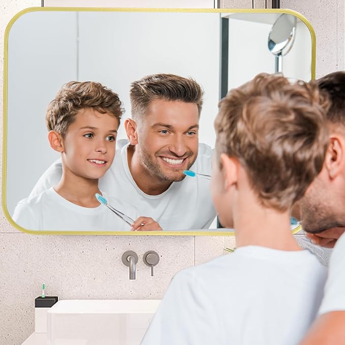 40x30 Inch Gold Mirror, Framed Rectangle Mirror with Rounded Corner, Brushed Brass Mirror, Gold Bathroom Mirror for Over Sink, Vanity, Living Room, Bedroom, Horizontal/Vertical
