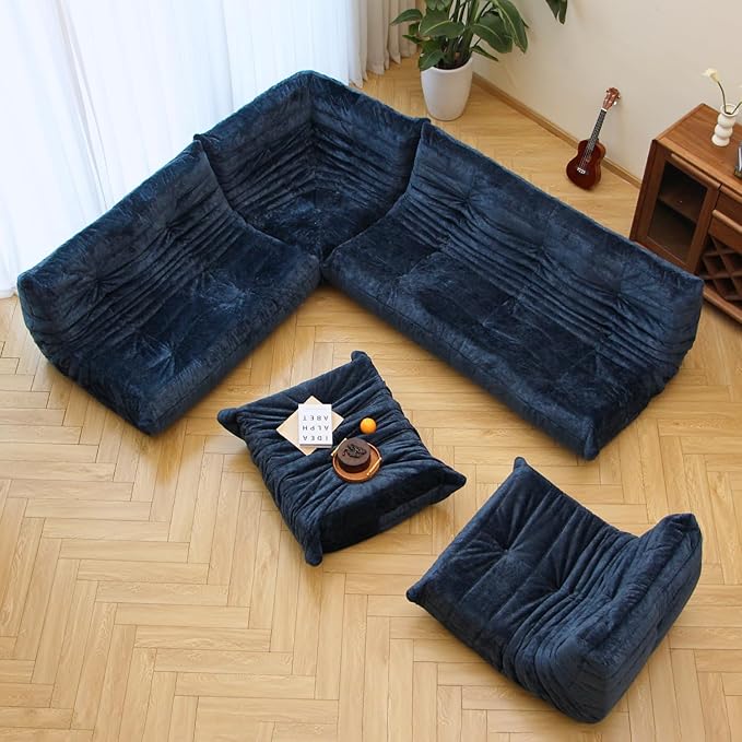 N&V Ottoman, Mid Century Armless Floor Sofa, Soft Premium Chenille Floor Lounge Chair, Foam Sofa Accent Chair for Living Room Bedroom and Office (Blue, Ottoman)