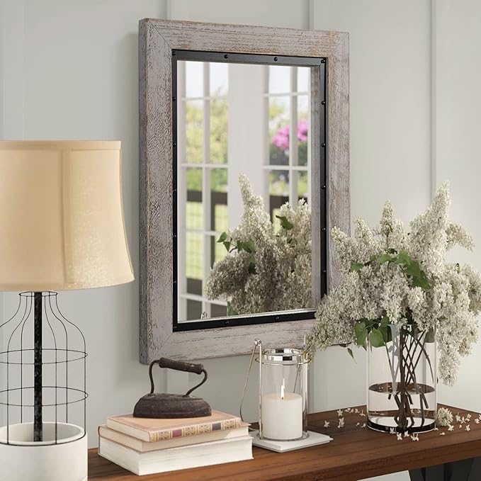 YOSHOOT Rustic Wooden Framed Wall Mirror, Natural Wood and Iron Bathroom Vanity Mirror for Farmhouse Decor, Vertical or Horizontal Hanging, 53" x 28", Grey