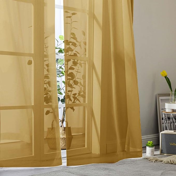 Sheer Gold Curtains for Bedroom Living Room 63 Inch Length 2 Panels, Airy Soft - Image 8