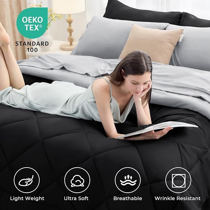 HEVUMYI Full Comforter Set - 7-Piece All Season Bed in a Bag Full, Ultra Soft Bedding Set with Comforter, Flat Sheet, Fitted Sheet, Pillowcases, Pillow Shams, Black & Light Grey