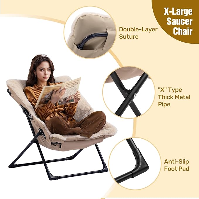 HollyHOME X-Large Saucer Chair with Foldable Ottoman, Comfy Oversized Folding Chair and Folding Footrest Stool Set, Faux-Fur Reading Chair and Footstool for Living Room, Light Khaki Chair&Stool