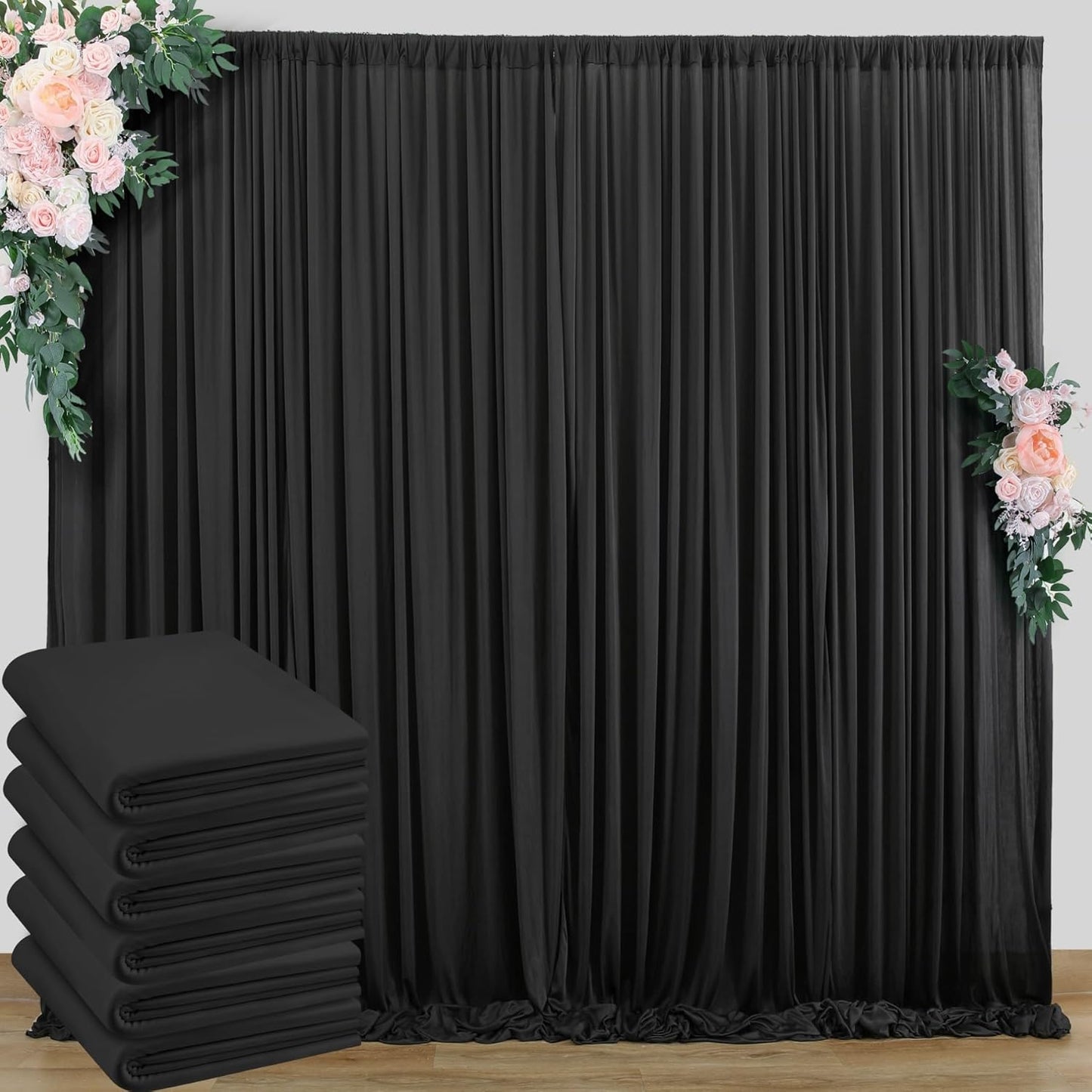 30 ft x 10 ft Wrinkle Free Black Backdrop Curtain for Parties, 6 Panels 10ft Polyester Black Photo Backdrop Drapes for Graduation Birthday Wedding Party Stage Curtains, Thick Bulk Background Curtains