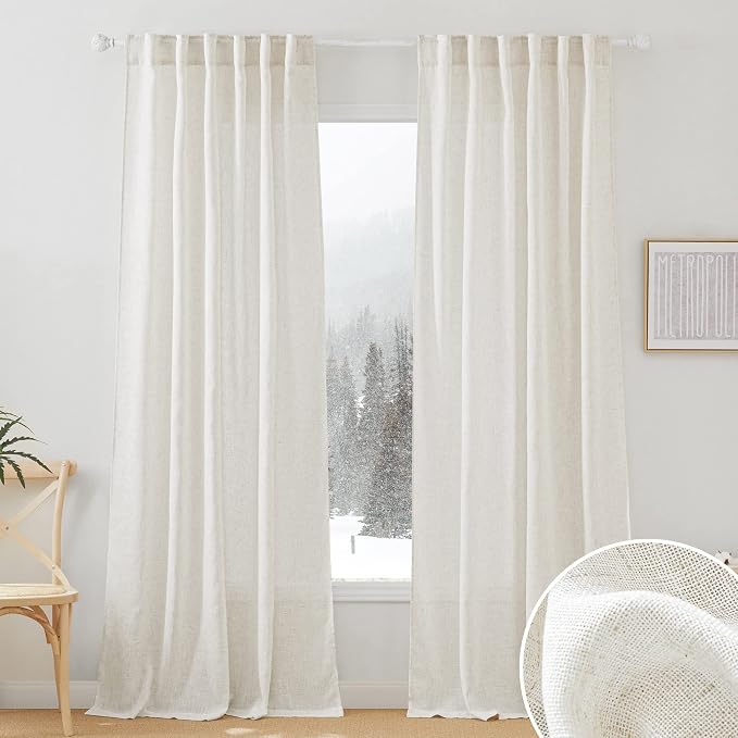 RYB HOME Linen Flax Curtains 84 inches Long, Absorbent Linen Woven Half Privacy by RYBHOME