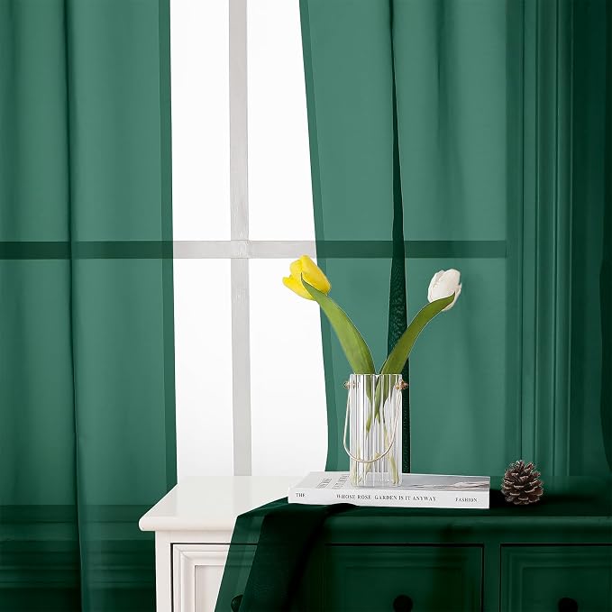 Lecloud Hunter Green Sheer Curtains 63 Inch Length 2 Panels Set, Voile Solid - Image 8
