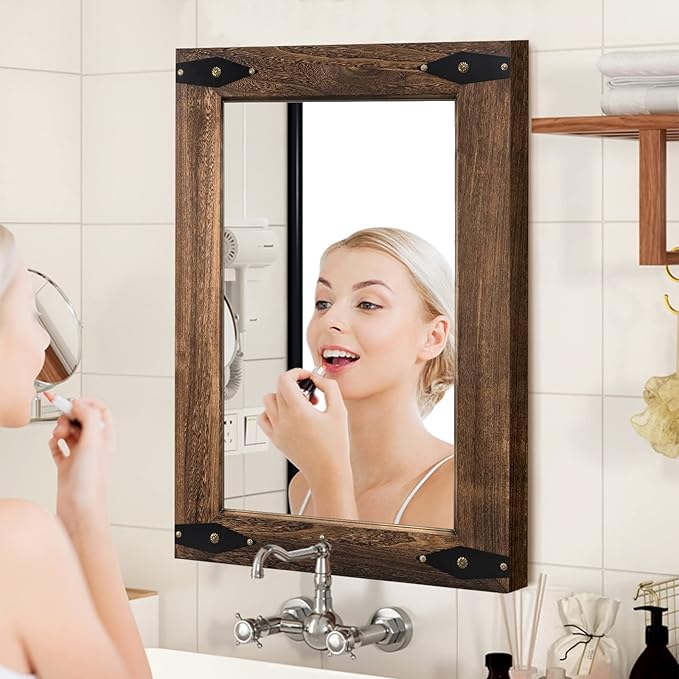 blue page Mirror for Wall, Rustic Wood Mirror with Wood Frame, Rectangular Decorative Wall Mounted Mirror for Farmhouse Bathroom Bedroom & Living Room (20 x 28 Inches, Arrow)