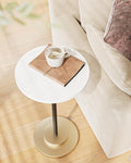 Masupu Drink Table, Round Side Table for Small Spaces, Pedestal Side Table, Small End Table with Metal Base, for Living Room, Bedroom, Bathroom, White