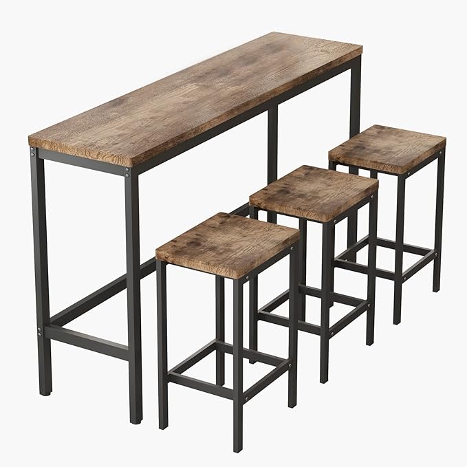 KEIKI 60.24” Long Bar High Top Dining Table and 3 Stools Chairs Set, Wood Behind Couch Sofa Counter Height Pub Furniture for Breakfast, Kitchen Living Party Room, Natural