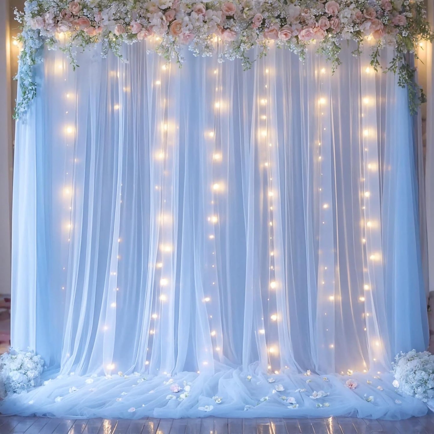 Blue Tulle Backdrop Curtains with Lights String for Parites Baby Shower 20×8ft Blue Sheer Backdrop Curtains Drapes for Bridal Shower Birthday Party Photo Shoot Background Decorations(4 Panels 5×8ft)