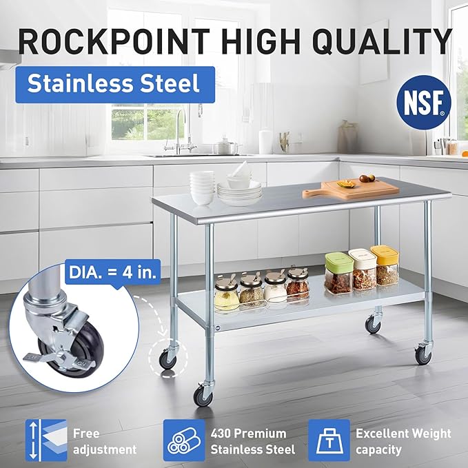 ROCKPOINT Stainless Steel Table for Prep & Work with Caster Wheels 24x60 Inches, NSF Metal Commercial Kitchen Heavy Duty Table with Adjustable Under Shelf and Table Foot for Restaurant, Home and Hotel