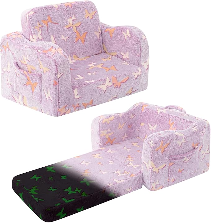 Kids Toddler Chair, 2-in-1 Toddler Couch Fold Out, Convertible Chairs for Toddlers Comfy Sofa to Lounger with Glow in The Dark Feature, Soft for Girls and Boys, Glowing Butterfly