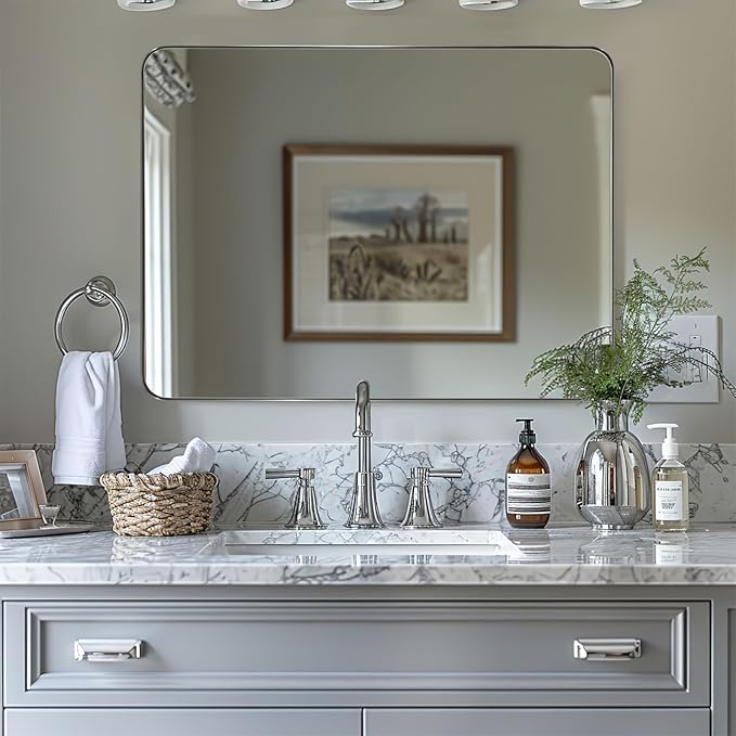 ANDY STAR 36"x48"Chrome Bathroom Mirror, Large Wall Mirror for Bathroom, Rounded Rectangle Mirror in Premium Stainless Steel Metal Frame Hangs Horizontal Or Vertical…