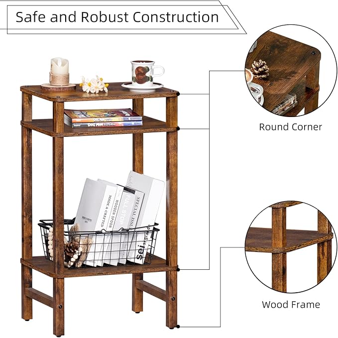 28in Tall Side Table 3-Tier Small Narrow End Table for Couch, Skinny Nightstand for Small Space, Farmhouse Slim Night Stand with Storage, Wooden Frame Thin Bedside Table, for Living Room, Brown