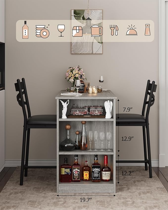 Garvee Bar Table and Chairs Set, 3 Piece Bar Table Set with with Flip Top Extension and Storage Shelves, Dining Table Set for 2, Suitable for Small Space Kitchen Apartment, Grey