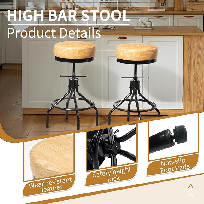 Swivel Bar Stools Set of 2 Adjustable Swivel Round Barstools Modern PU Leather 28inch Backless Counter Height Stool Metal Industrial Bar Chair for Kitchen Island (2, Ash Wood PU Leather)