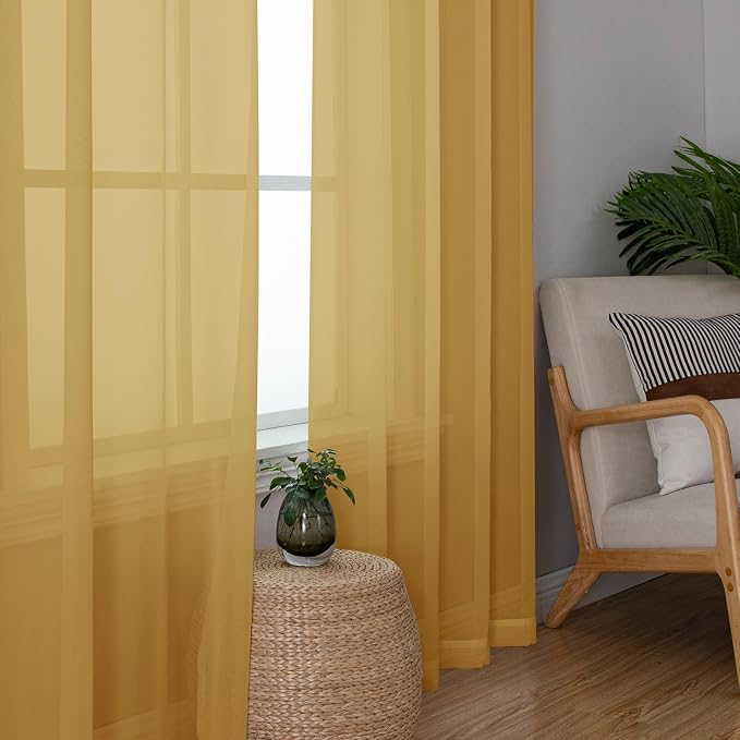 Aiyufeng Gold Sheer Curtain 84 Inches Long 2 Panels Set, Light Filtering Gold - Image 2