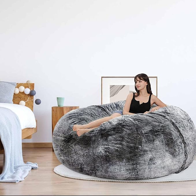 Bean Bag Chair for Adults Kids Without Filling Comfy Fluffy Giant Round Beanbag Lazy Sofa Cover for Reading Chair Floor Chair, 5FT, Black