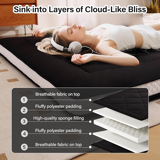 Welnow Japanese Futon Floor Mattress, Thick Twin Size Tatami Mat Portable & Foldable Roll Up Floor Bed Mattress with Storage Bag, Sleeping Pad for Adults, Dorm, Guest Bed, Camping and Travel, Black