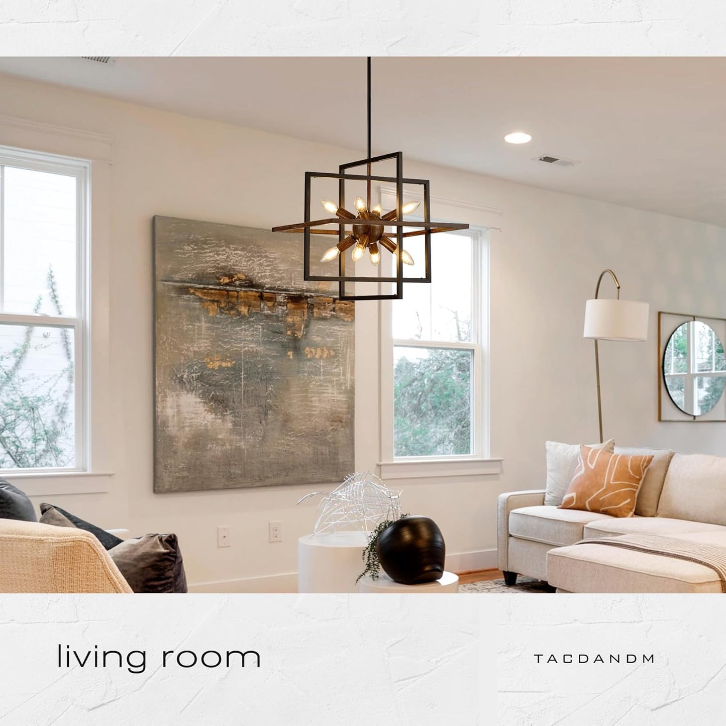 8-Light Wood Grain and Vintage Black Sputnik Chandelier, 18.9'' Industrial Pendant Lighting Fixture for Dining Room