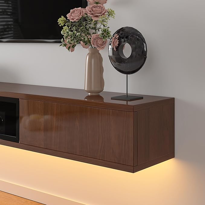 High Gloss Floating TV Stand,55'' Wall Mounted TV Console,Under TV Floating Shelf,Floating TV Cabinet with 3 Doors for Bedroom Living Room(Walnut)