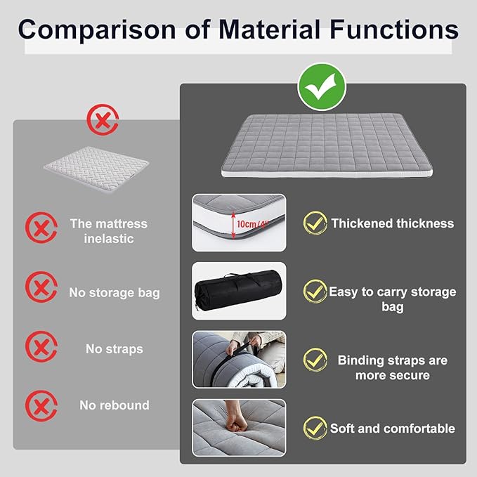 Tiita Japanese Floor Mattress Futon Mattress 4” Thick Folding Roll Up Sleeping Pad with Bag & Strap, Bed Topper Mat for Guest, Lounger and Tavel, Gray,Twin Size