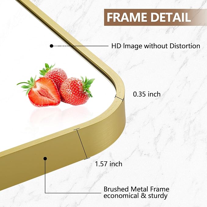 16x24 Inch Gold Mirror, Framed Rectangle Mirror with Rounded Corner, Brushed Brass Mirror, Gold Bathroom Mirror for Over Sink, Vanity, Living Room, Bedroom, Horizontal/Vertical