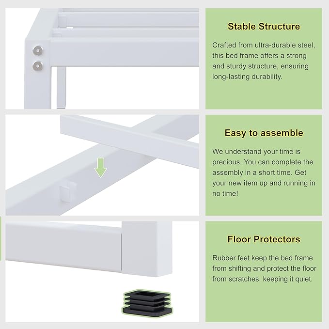 EMODA 12 Inch King Bed Frame, Metal Platform White Bed Frame King No Box Spring Needed, Heavy Duty Steel Slats Support, Easy Assembly, Noise Free