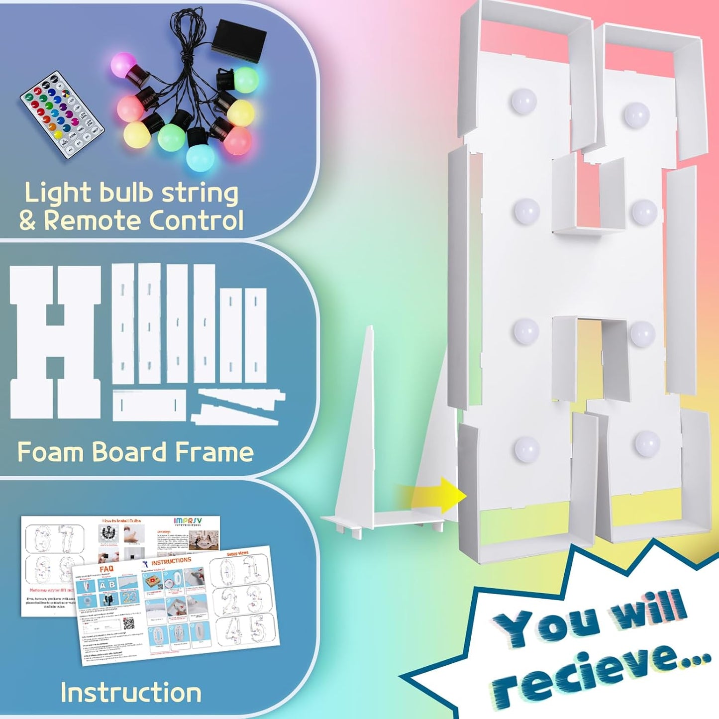 imprsv 3FT Colorful Marquee Light Up Letters G, 18 Colors Large Light up Letters Alphabet Sign with Remote, Big Marry Me Sign, Birthday Party Decorations Baby Shower Anniversary Wedding Decoration