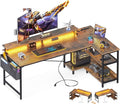 ODK 66 Inch Gaming Desk with USB Charging Ports and LED Lights, Reversible L Shaped Computer Desk with Storage Shelves & Monitor Stand, Home Office Desk Table with Power Outlets, Vintage