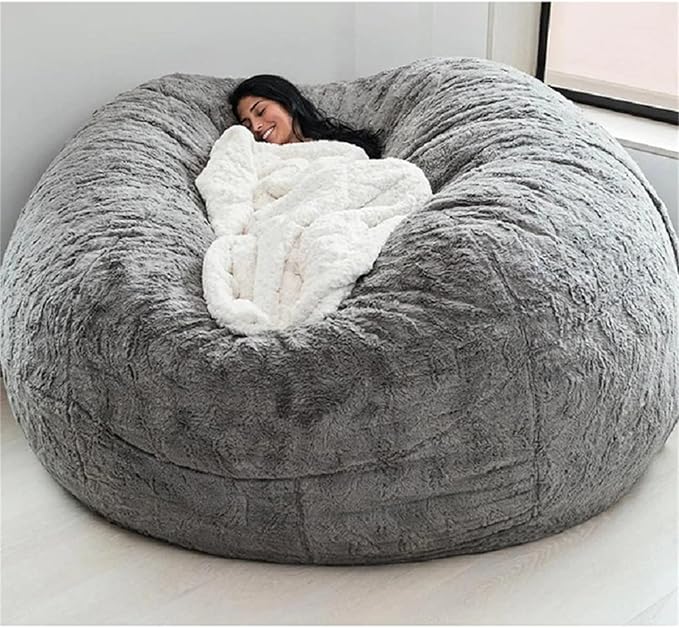 Giant Fur Bean Bag Chair Cover for Kids Adults, (No Filler) Living Room Furniture Big Round Soft Fluffy Faux Fur Beanbag Lazy Sofa Bed Cover (Light Grey, 6FT)