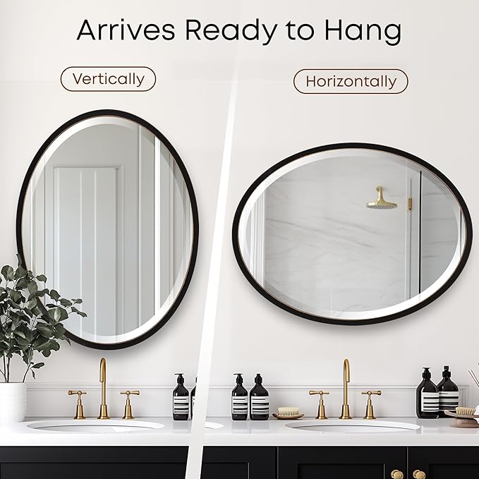 OVALCREST - Oval Wooden Beveled Wall Mirror for Home Decor, Bathroom, Vanity, Bedroom, Living Room, Hallway - London Style (Rubbed Black) 21.1 x 25.1