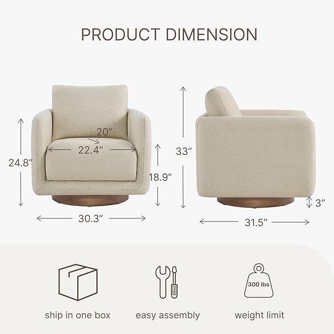 Modern Swivel Accent Chair, 360° Rotating Round Barrel Armchair with Performance Fabric Upholstery for Living Room, Bedroom, Office, Reading Nook, Single,Oatmeal