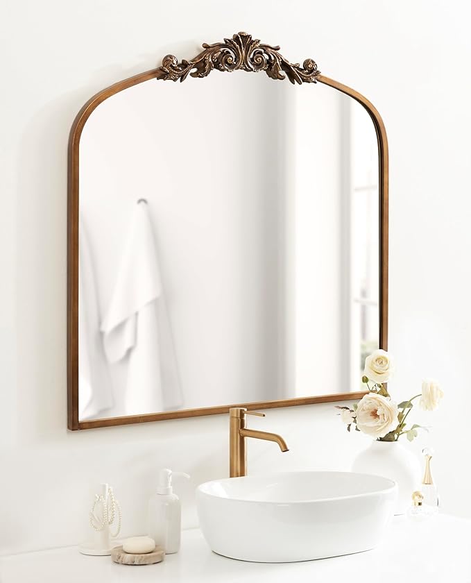 Kate and Laurel Arendahl Ornate Traditional Square Arched Mirror; 28 x 30; Antique Gold; Decorative Baroque Style Arch Vintage Mirror with Wide Frame and Ornamental Crown